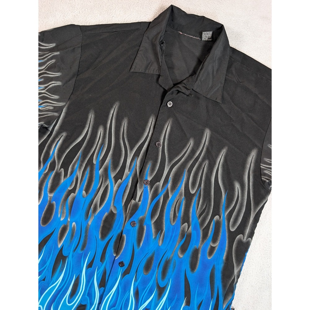 Sapphire Lounge Mens Blue Flame Button Down Shirt Short Sleeve Black XL‎ Vintage